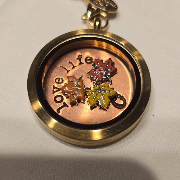 Origami Owl Gold Locket chain necklace with three Maple Leaf floating charms - Picture 4 of 5